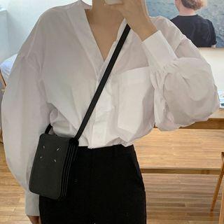 Puff Long-sleeve V-neck Plain Shirt