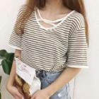 Cross-strap Striped Elbow-sleeve T-shirt