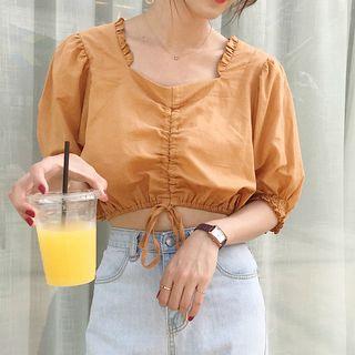 Frill Trim Cropped Elbow Sleeve Blouse