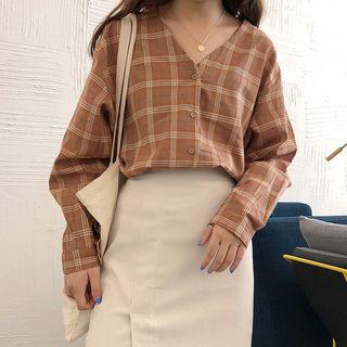 Long-sleeve Plaid Top Yellow - One Size