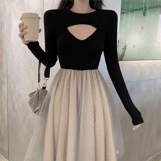 Mesh Overlay Midi A-line Dress