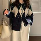 Color Panel Argyle Button-up Knit Cardigan As Figure - One Size
