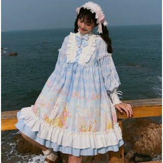 Ruffle Trim Lace Up Printed Long-sleeve A-line Dress