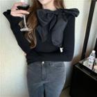 Long-sleeve Bow Knit Top Black - One Size