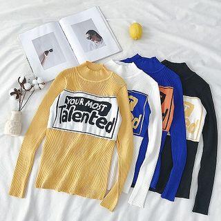Lettering Mock-neck Slim-fit Long-sleeve Top