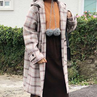 Long Plaid Hooded Duffle Coat Zr880 - Oatmeal Gray - One Size