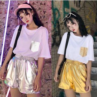 Set: Short-sleeve Pocket T-shirt + Metallic Shorts
