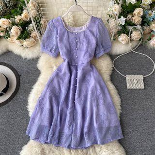 Floral Embroidered Faux Pearl Short-sleeve A-line Dress