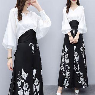 Set: V-neck Blouse + Floral Print Maxi Culottes