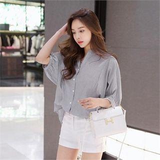 Striped Band-collar Blouse