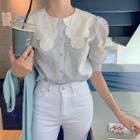 Flower Embroidered Puff-sleeve Blouse Blue - One Size