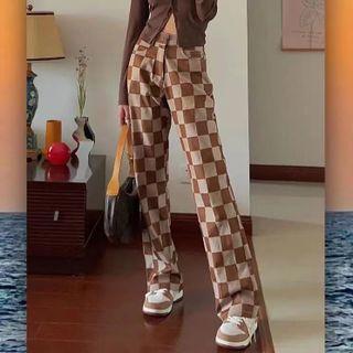Check High Waist Straight Leg Jeans