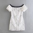 Short-sleeve Off-shoulder Print Mini Sheath Dress