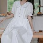 Flower Button Accent Puff-sleeve Dress