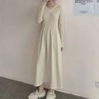 Long-sleeve Plain Knit A-line Long Dress Almond - One Size