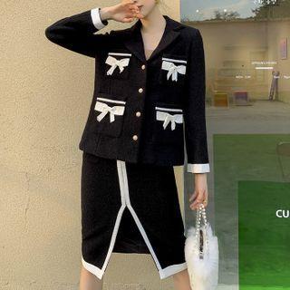 Bow Single-breasted Blazer / Slit Midi Pencil Skirt