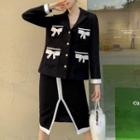 Bow Single-breasted Blazer / Slit Midi Pencil Skirt