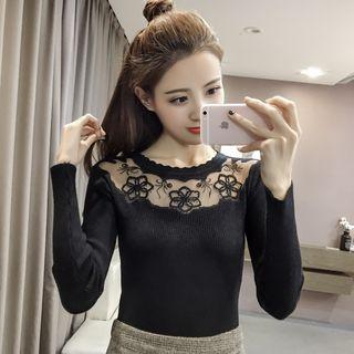 Rhinestone Accent Mesh Panel Long-sleeve Knit Top