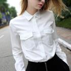 Single-breasted Stand-collar Long-sleeved Pocketed Plain Slim Blouse