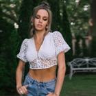 Embroidered Short-sleeve V-neck Mesh Crop Top