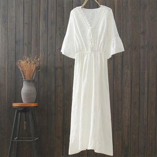 Bell-sleeve Embroidered Midi A-line Dress White - One Size