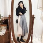 Contrast Stitching Shirt / Plaid Panel Midi Accordion Pleat Skirt / Belt / Set