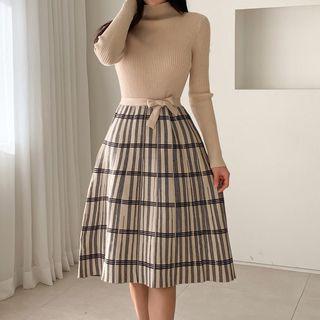 Mock Two-piece Long-sleeve Midi A-line Dress Almond - One Size
