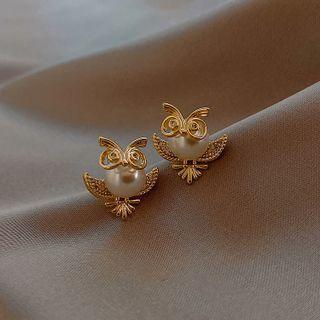 Owl Faux Pearl Rhinestone Earring 1 Pair - Earring - Silver - Owlfaux Pearl - Gold - One Size