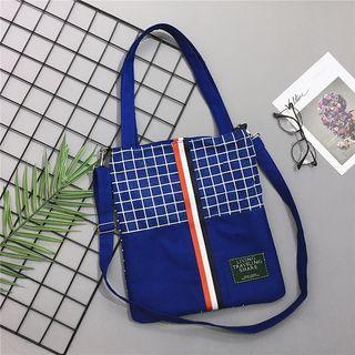 Plaid Panel Canvas Tote Bag With Shoulder Strap