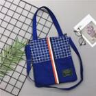 Plaid Panel Canvas Tote Bag With Shoulder Strap