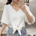 Puff-sleeve Buttoned Ribbon Top