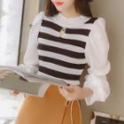 Puff-sleeve Striped Knit Top Black & White - One Size