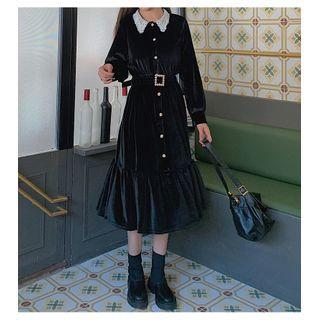Collared Long-sleeve Ruffle Hem Midi A-line Velvet Dress