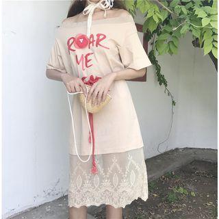 Lace Hem Lettering Off Shoulder Elbow Sleeve T-shirt Dress