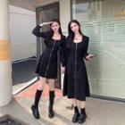 Long-sleeve Square Neck Zipped Mini A-line Dress / Midi A-line Dress