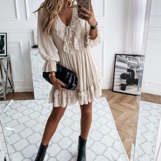 Plain V-neck Long Sleeve Ruffle-trim A-line Mini Dress