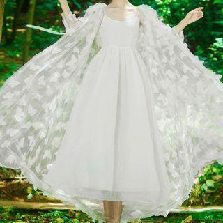 Butterfly Applique Hooded Long Light Jacket / Spaghetti Strap Midi A-line Dress / Set