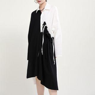 Paneled Ruffled Shirtdress Black & White - One Size