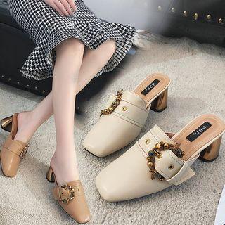 Buckled Block Heel Slide Pumps