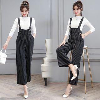 Set: Long-sleeve Plain Top + Striped Suspender Pants