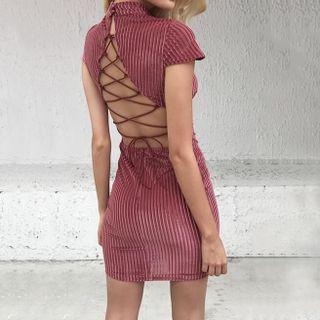 Cap-sleeve Lace-up Back Mini Bodycon Dress
