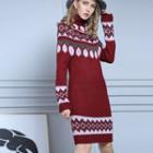 Turtleneck Patterned Long-sleeve Sheath Knit Dress