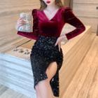 Long-sleeve Sequined Two-tone Midi Sheath Dress