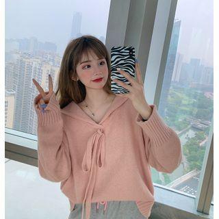 V-neck Hooded Bow Knit Top