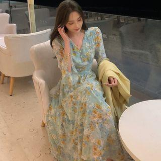 Spaghetti-strap Floral Print Midi A-line Dress / Bell-sleeve Dress