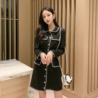 Long-sleeve Tweed Trim Buttoned A-line Mini Dress
