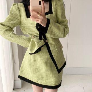 Contrast Trim Plaid Jacket / Mini A-line Skirt