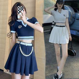 Set: Short-sleeve Crop Polo Top + A-line Mini Skirt + Belt
