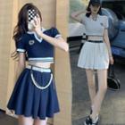 Set: Short-sleeve Crop Polo Top + A-line Mini Skirt + Belt