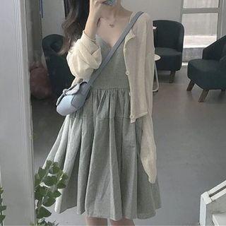 Set: Cardigan + Spaghetti Strap Plaid Midi A-line Dress